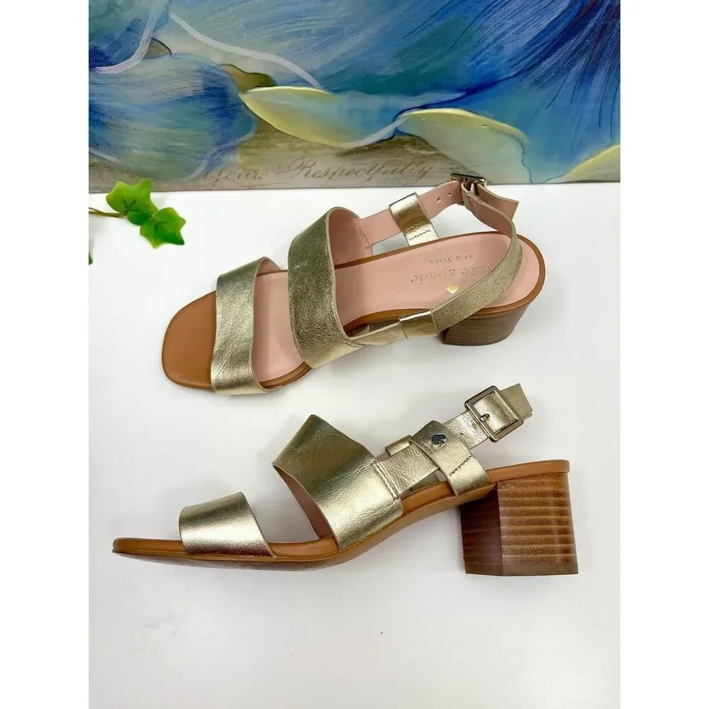 Kate Spade New York Metallic Gold Leather Slingback Block Heel Sandals Size 6.5
